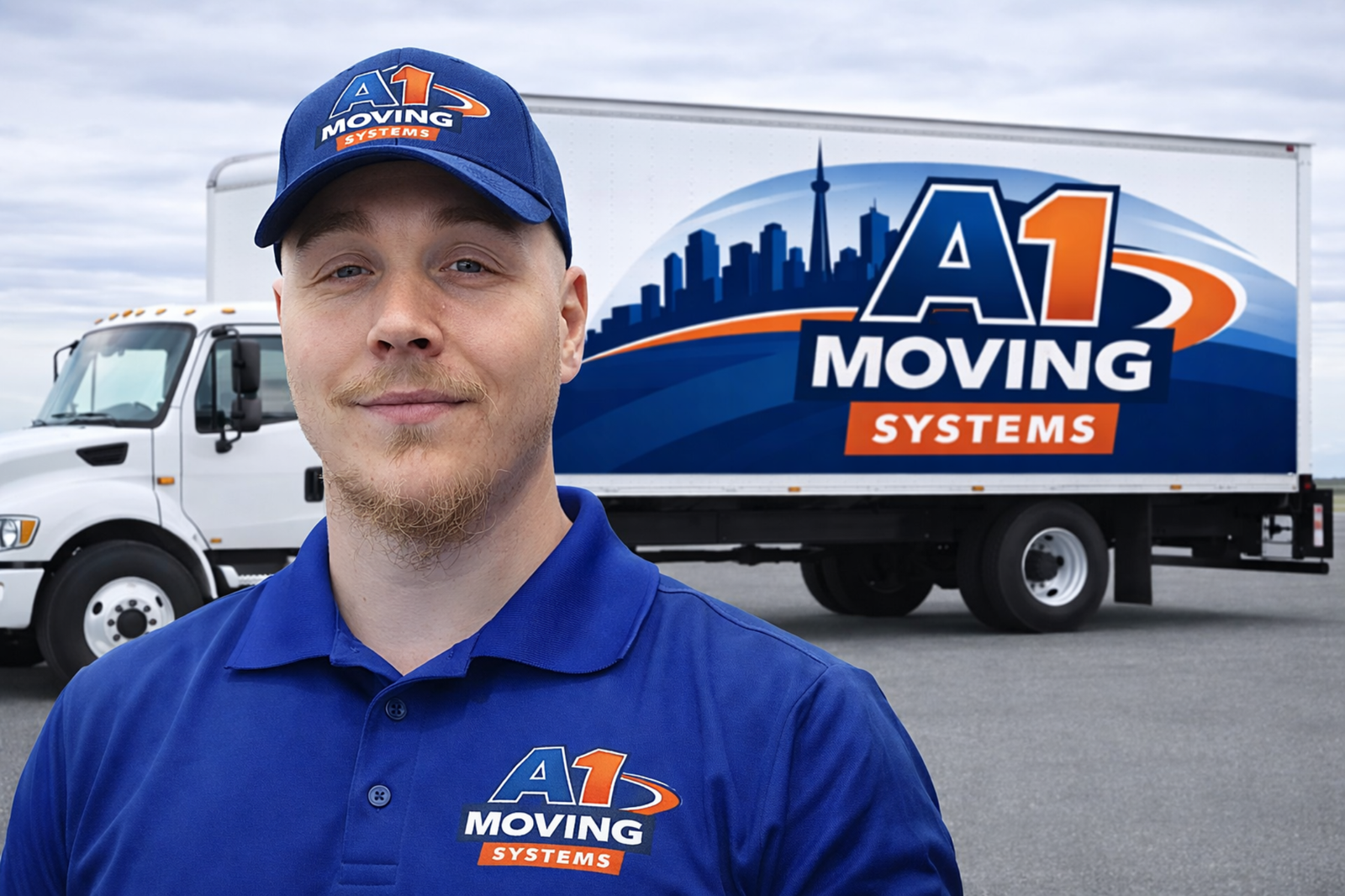 Mover in uniform standing in front of an A1 Moving truck